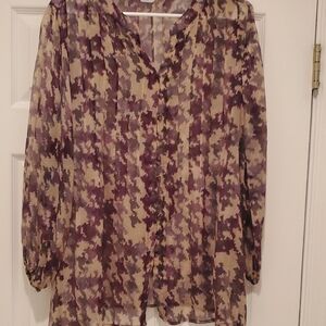 Avenue Sheer Button-Front Blouse in Purple and Cream Houndstooth